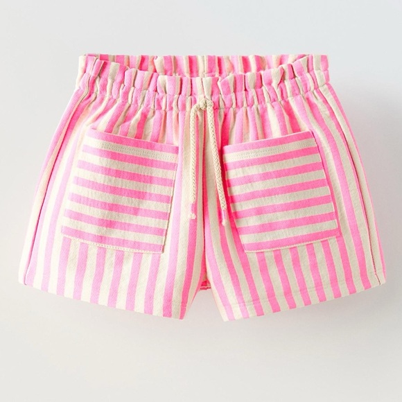 Zara Kids beige neon pink striped shorts elastic paperbag waistband pockets girl - Picture 1 of 6